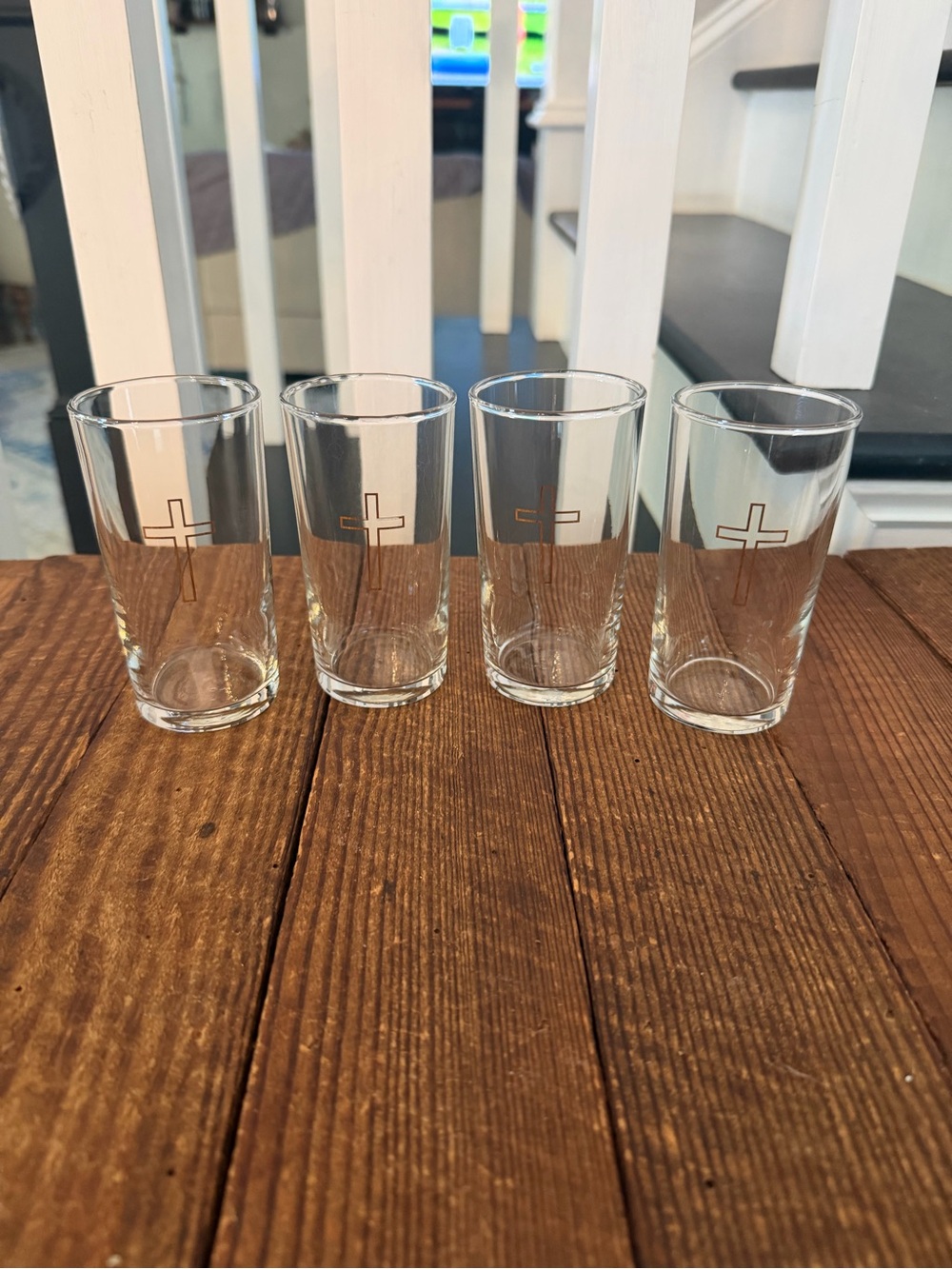 Set of (4) vintage 6oz. clear glass tumblers with gold cross accent